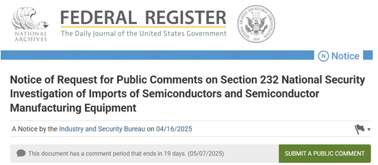 Notice of Request for Public Comments on Section 232 National Security Investigation of Imports of Semiconductors and Semiconductor Manufacturing Equipment / Federal Register