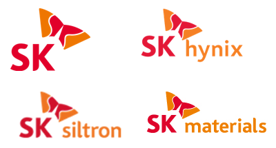 図1　SKグループのロゴ（左上）と傘下の半導体関連企業のロゴ