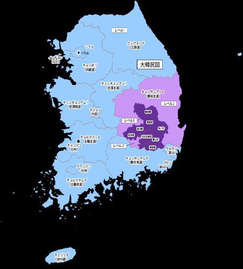 図1　韓国地図における大邱広域市の位置（紫色表示の下部）