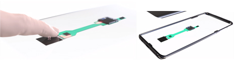 図1　Qualcomm のスマートフォン搭載超音波式3次元指紋センサと信号処理ASICチップ　出典：Qualcomm