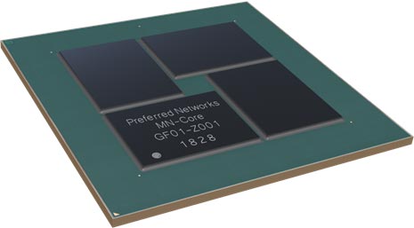図1　32.2mm×23.5mmの巨大なシリコンを4個搭載したAI用IC基板　出典：プリファードネットワークス