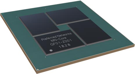 図1 32.2mm×23.5mmの巨大なシリコンを4個搭載したAI用IC基板 出典:プリファードネットワークス